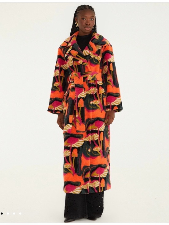 FARM Rio Jackets & Blazers - FARM RIO Black Wild Mushrooms Maxi Fleece Coat